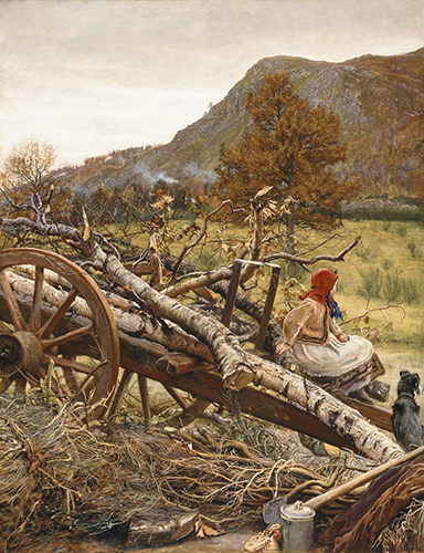 Sir John Everett Millais, Winter Fuel, 1873 Scottish winter landscape scene, showing a large cart laden with felled timber. Birnam Hill is in the background. The cart occupies the foreground, its wheels at the left of the composition and its shafts resting on the ground to the right; on it are the branches of silver birch and oak, with brush-wood piled on the ground around the wheels. A young girl is seated in profile to the right on the far shaft.