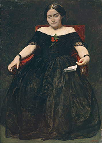 Sir John Everett Millais, Wondering Thoughts, 1855 Forward-facing, full-figure portrait of a young woman seated in an armchair. She has a distant and contemplative expression, with her eyes gazing downward to the left and her head also tilted slightly in that direction. She has dark hair neatly parted down the centre and tied away from the face and wears a floor-length black dress, which reveals the shoulders, has short sleeves trimmed with black lace, and a small posy of red flowers fixed to the bodice. Seated well back and resting both hands on her red upholstered chair, she has allowed a letter to fall from her hand into her lap.