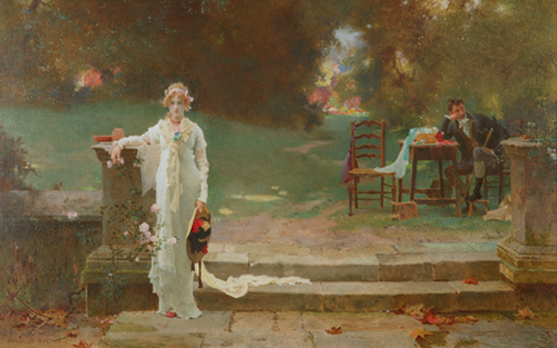 Marcus Stone, A Passing Cloud, 1891 Narrative scene depicting two young lovers in a garden. A young woman, dressed in white with a wide brimmed straw hat carried in one hand, stands in the foreground to left, at the bottom of two stone steps, leaning with one arm against a stone pillar and her back to the rest of the garden. A flowering rose bush grows to the left of the stone pathway before her. Behind her to right, at the top of the steps, sits a young man at a table, one arm leaning on the table top and supporting his head, looking off to the right.