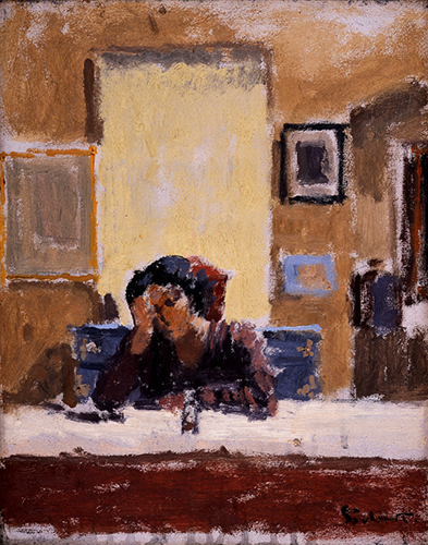 Walter Richard Sickert, The Mirror, 1925 A bright oil sketch of Therese Lessore, the wife of the artist, seen through a mirror, seated at a table in the foreground, with her head resting on one arm. There is a domestic interior background of a wall hung with indistinct pictures.
