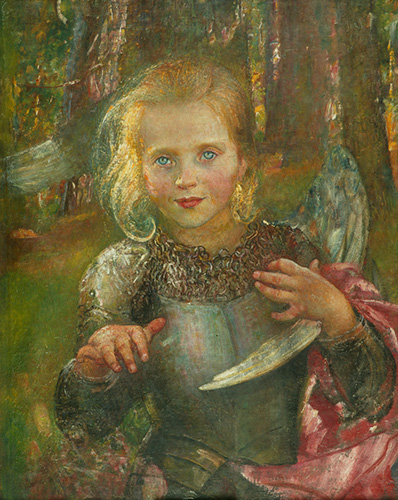 Annie Louisa Swynnerton, Illusions, 1902 Half-length portrait of a young girl with blonde hair, dressed in a suit of armour and chain mail with her hands raised to her chest in gesture. There is a background of dense trees with dappled sunlight falling on the girl from the left.