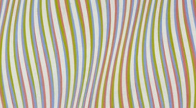 An Op-Art painting of curved white, pink green and blue vertical stripes