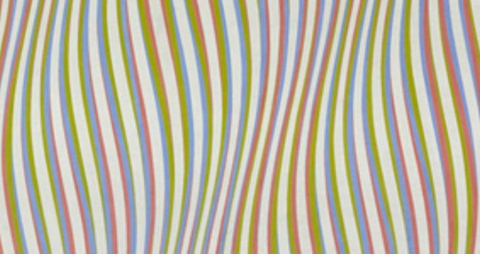 An Op-Art painting of curved white, pink green and blue vertical stripes