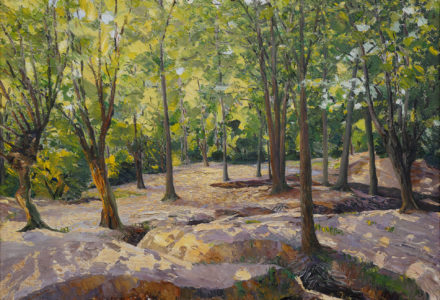 Herbert H Newton, Track of Forest Brook- painting of forest with dappled light and a brook flowing through the middle