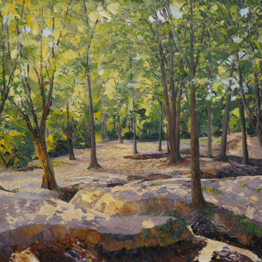 Herbert H Newton, Track of Forest Brook- painting of forest with dappled light and a brook flowing through the middle