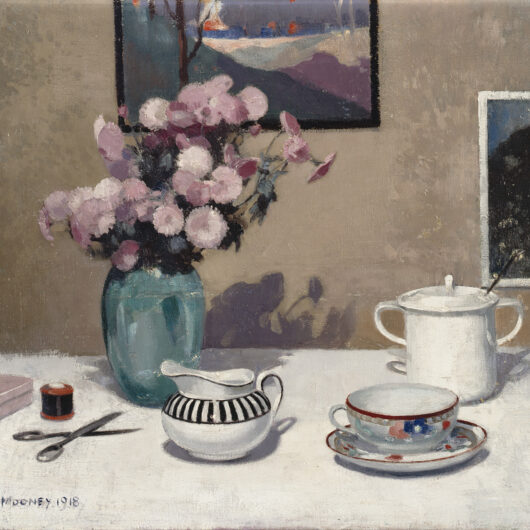 EH Mooney - still life with blue glass vase and roses and a tea set
