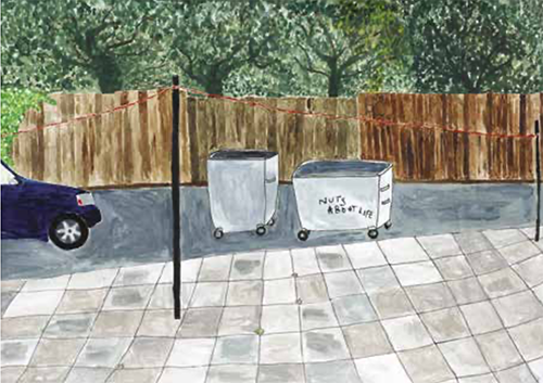 Painting, view from my window, Wheelie bin with words Nuts About Life on the side