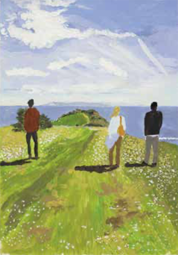 Painting of three people with their backs to the viewer, looking over the edge of a hill out towards the open sea and cloudy sky
