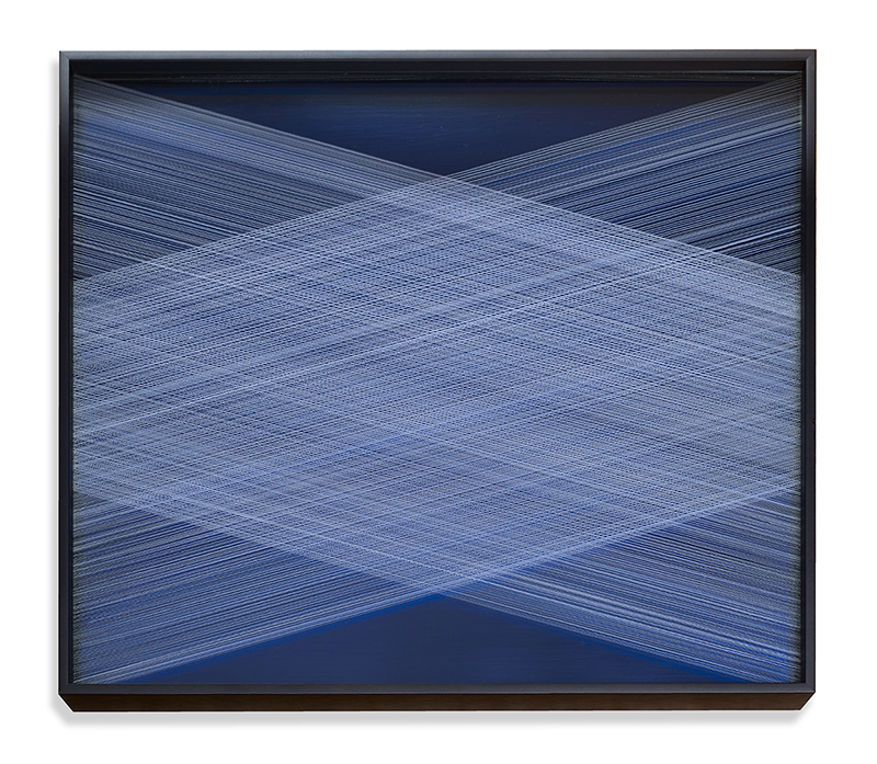 stainless steel, blue Perspex, inscribed plain Perspex of overlapping white geometric lines