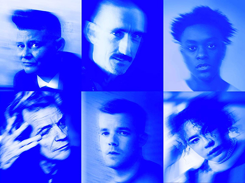 Headshots of 6 people all in the colour International Klein Blue