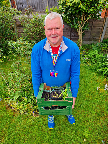 David, a white man wearing a blue jumper holding a box of seedlings