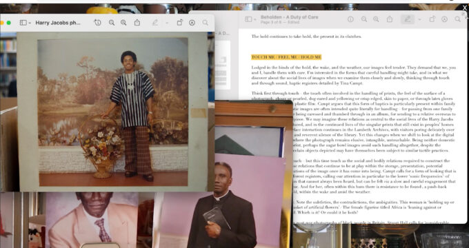 screenshot of a computer screen with various tabs open including a text document and vintage printed photographs of black men