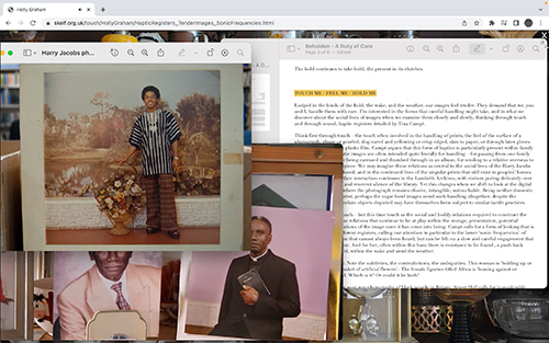 screenshot of a computer screen with various tabs open including a text document and vintage printed photographs of black men
