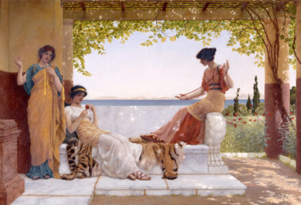 Friends, Family and Other Animals - Scene in a classical setting depicting three young women on a verandah with a heavy marble seat, overlooking the sea in the background.