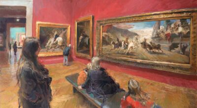 Painting of gallery 9 with visitors sits on benches and paintings on the wall.