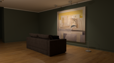 Ben Nicholson - A large abstract yellow painting in gallery with a sofa positioned in front of it
