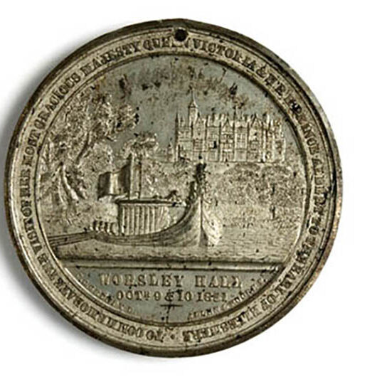Reverse of medal celebrating the Royal visit to Worsley Hall, JC Grundy and John Allen